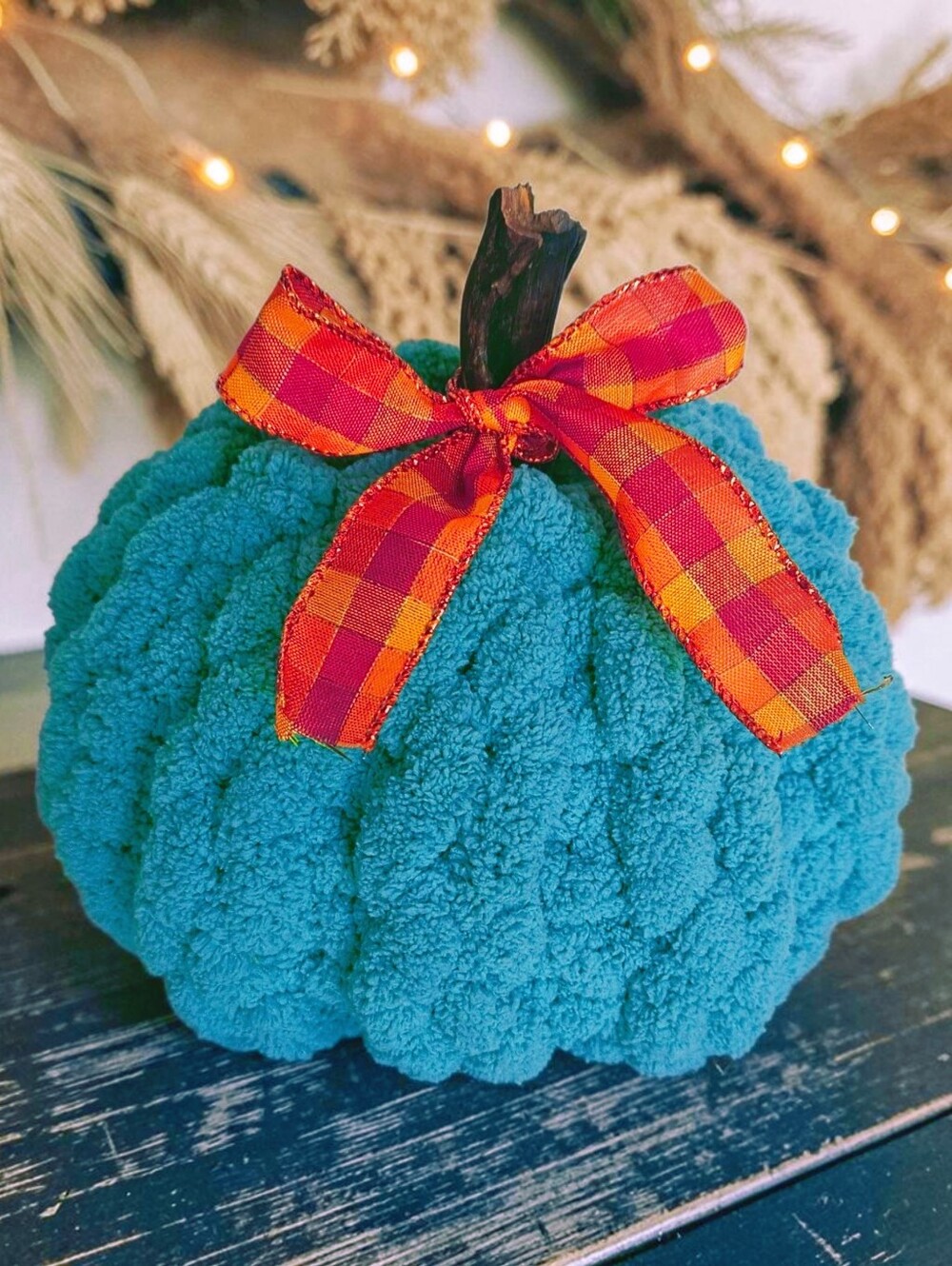 Teal Plush Decorative Pumpkin with Orange Plaid Bow - Home Holiday Accent
